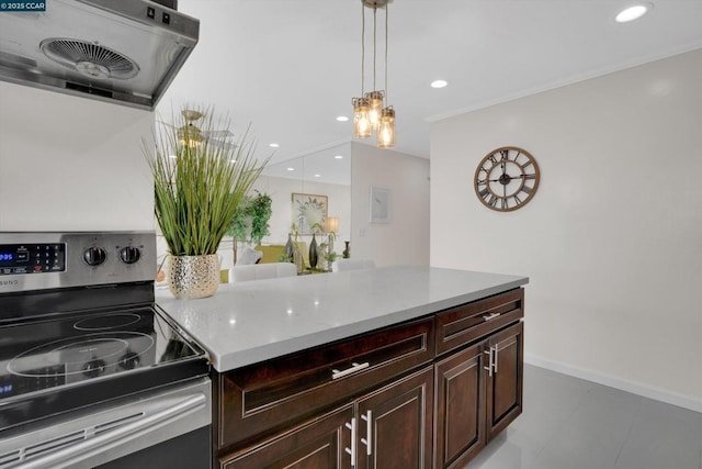 kitchen with dark brown cabinetry, stainless steel electric range oven, decorative light fixtures, and range hood