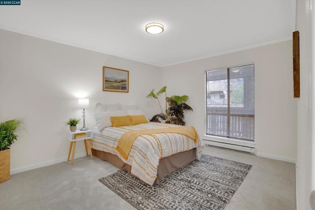 bedroom featuring crown molding, a baseboard radiator, and light carpet