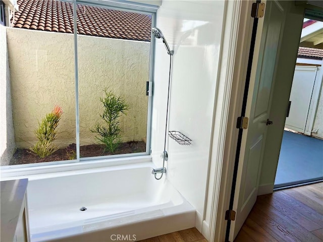 bathroom with wood finished floors and a tub