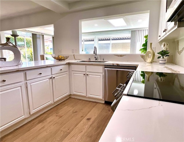 kitchen with electric range oven, a sink, light wood-style floors, white cabinets, and dishwasher