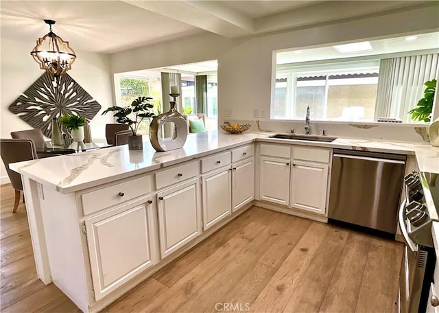 kitchen with white cabinetry, a sink, light wood-type flooring, dishwasher, and a peninsula