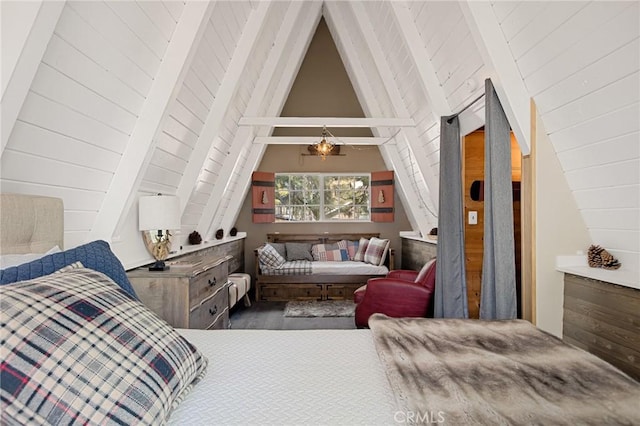 bedroom featuring vaulted ceiling with beams and wood ceiling