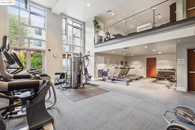 workout area with a high ceiling and carpet floors