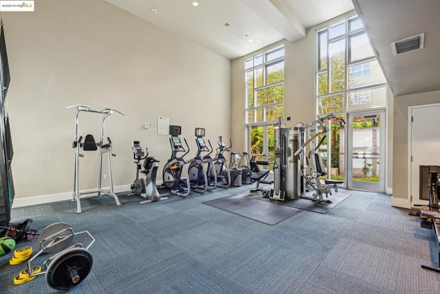 workout area featuring a towering ceiling, plenty of natural light, and carpet