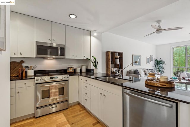 kitchen featuring sink, light hardwood / wood-style flooring, ceiling fan, white cabinetry, and stainless steel appliances