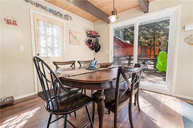 dining area with wood ceiling, wood-type flooring, and beam ceiling