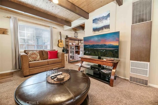 living room with wooden ceiling and beam ceiling