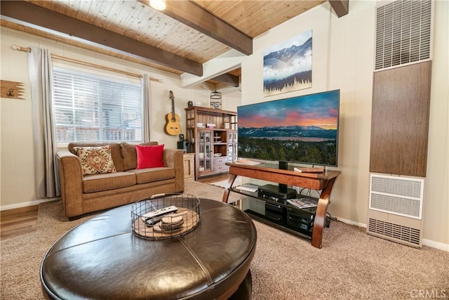 living room with wood ceiling and beamed ceiling