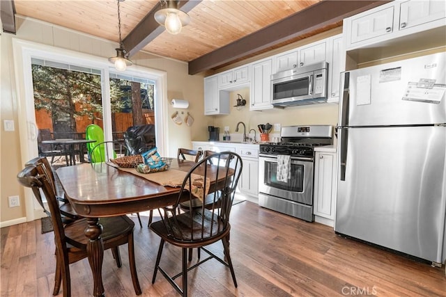 kitchen with white cabinetry, wooden ceiling, dark hardwood / wood-style flooring, stainless steel appliances, and beam ceiling