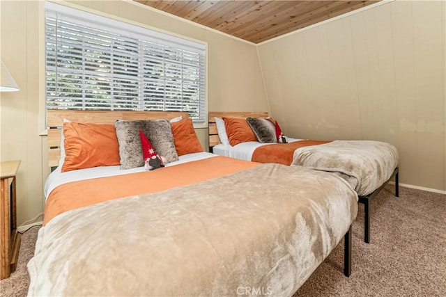 bedroom with carpet and wood ceiling