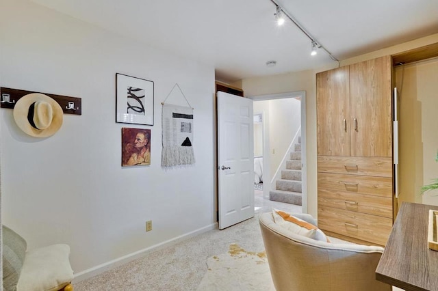 interior space with track lighting and carpet flooring