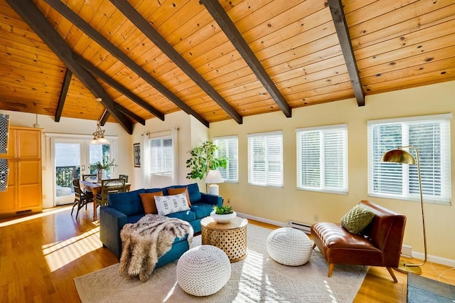 sitting room with wood ceiling, a baseboard radiator, lofted ceiling with beams, and light hardwood / wood-style flooring