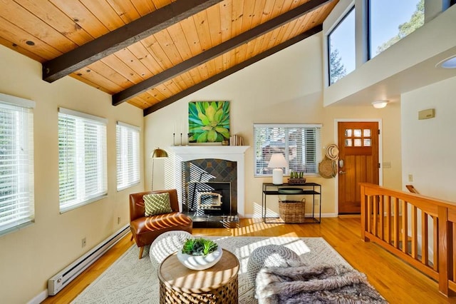 living room with a fireplace, lofted ceiling with beams, a baseboard heating unit, wood ceiling, and light hardwood / wood-style floors