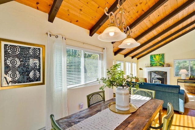 dining room featuring hardwood / wood-style floors, lofted ceiling with beams, a premium fireplace, and wooden ceiling