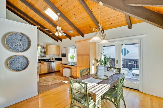 dining room with wood ceiling, light hardwood / wood-style flooring, and lofted ceiling with skylight