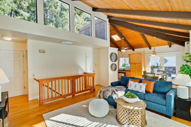 living room featuring wood ceiling, a skylight, high vaulted ceiling, beamed ceiling, and hardwood / wood-style floors