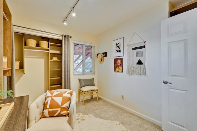 sitting room with rail lighting and carpet