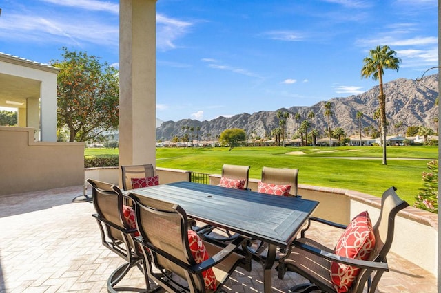 view of patio with a mountain view