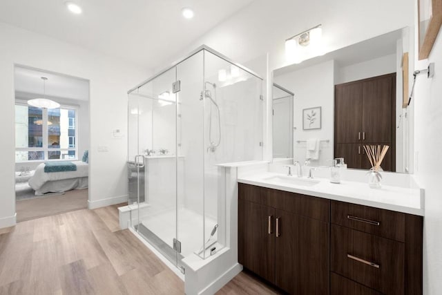 bathroom featuring vanity, wood-type flooring, and a shower with shower door