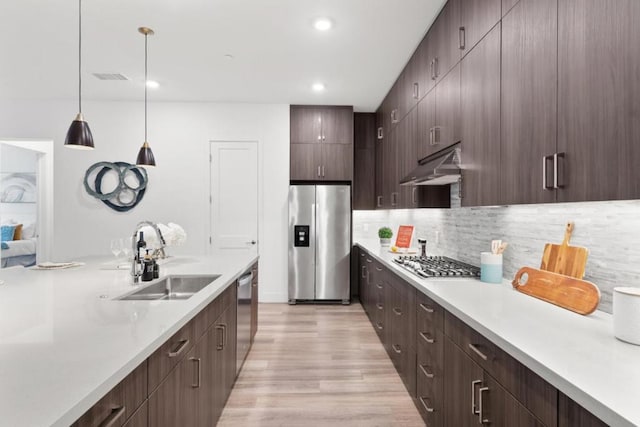 kitchen featuring sink, backsplash, hanging light fixtures, stainless steel appliances, and dark brown cabinets