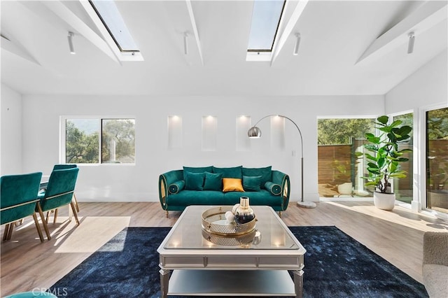 living room featuring lofted ceiling with skylight and wood finished floors