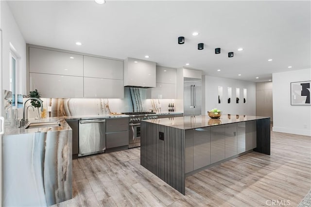 kitchen featuring a spacious island, modern cabinets, stainless steel appliances, gray cabinetry, and a sink