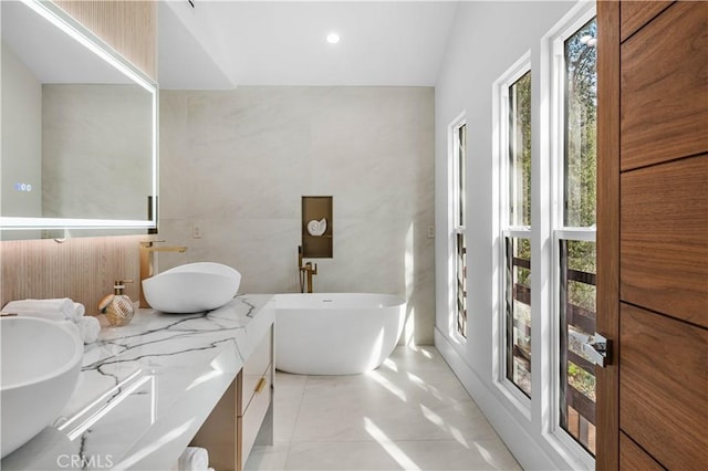 bathroom featuring a wealth of natural light, a sink, a freestanding bath, and double vanity