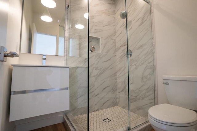 bathroom featuring vanity, a shower with door, and toilet