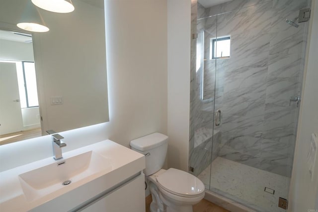 bathroom with vanity, toilet, and a shower with door