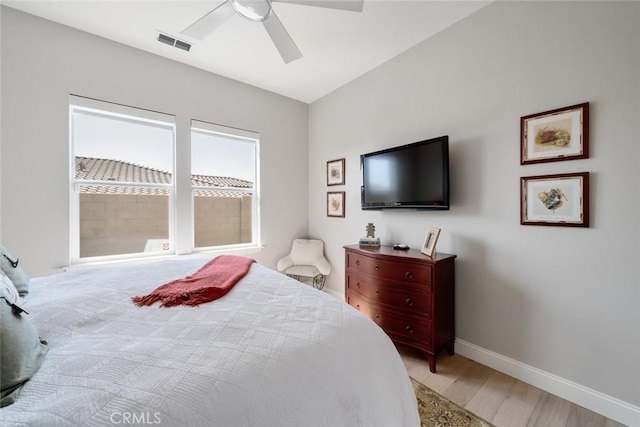 bedroom featuring ceiling fan and light wood-type flooring