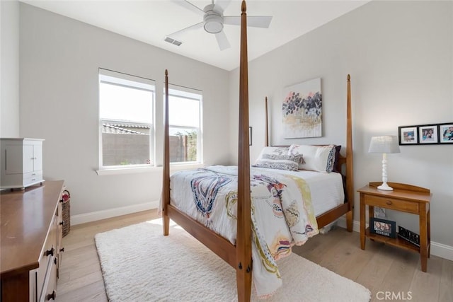 bedroom featuring ceiling fan and light hardwood / wood-style flooring