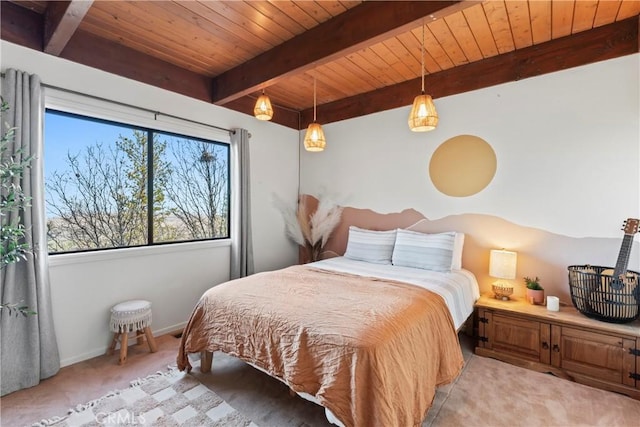 bedroom featuring wooden ceiling, light colored carpet, beam ceiling, and baseboards