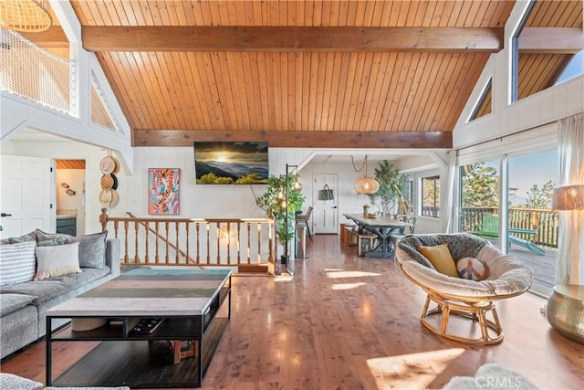 living area with high vaulted ceiling, wooden ceiling, beamed ceiling, and wood finished floors