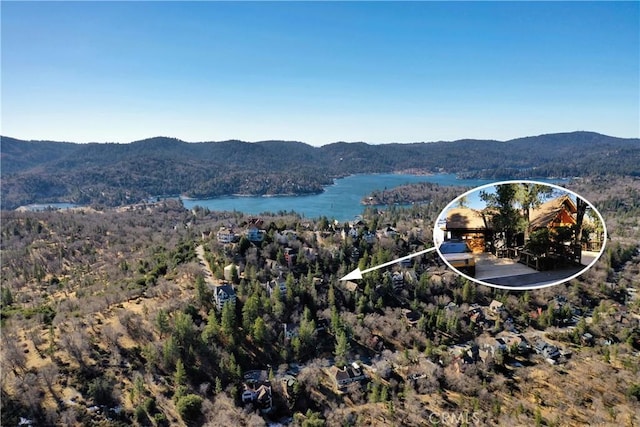 view of mountain feature with a water view and a forest view