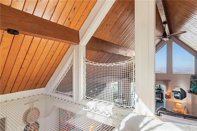 interior details with wood ceiling, wooden walls, and beam ceiling