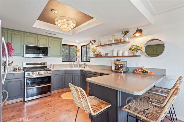 kitchen featuring green cabinets, a tray ceiling, appliances with stainless steel finishes, and a peninsula