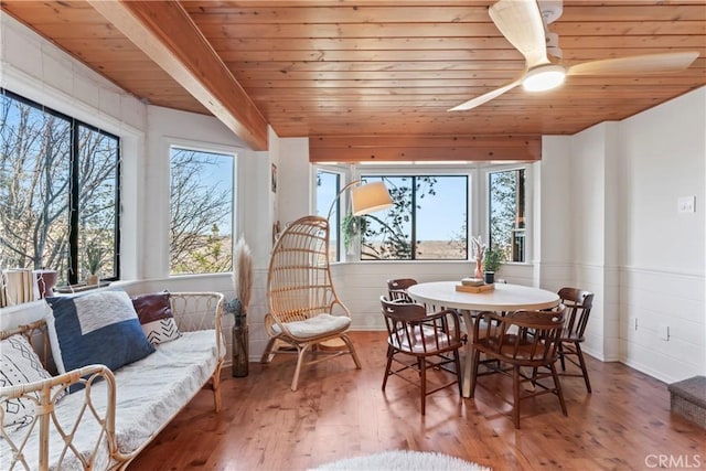 interior space with wood ceiling and ceiling fan