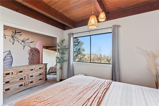 bedroom featuring wood ceiling and beamed ceiling