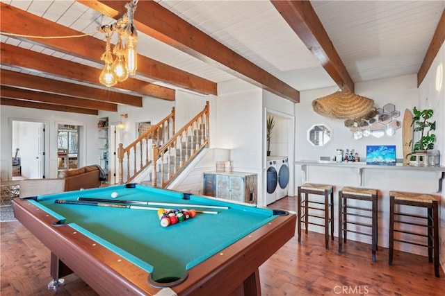 rec room featuring washing machine and dryer, beam ceiling, billiards, and wood finished floors