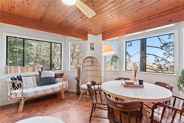 dining area with beamed ceiling, wooden ceiling, and wood finished floors