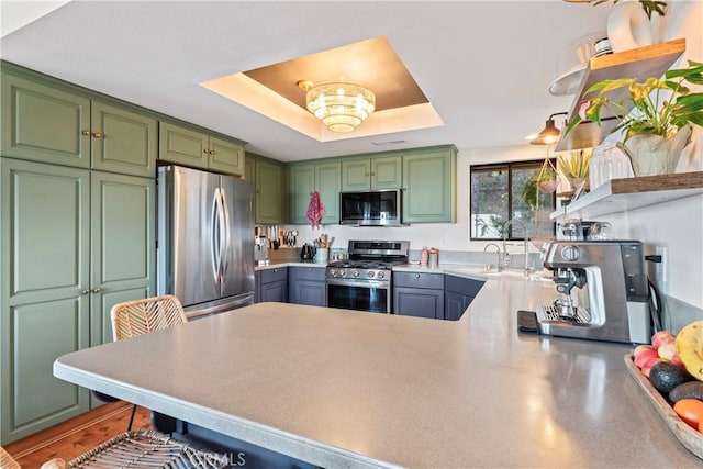 kitchen featuring a raised ceiling, green cabinets, stainless steel appliances, light countertops, and open shelves