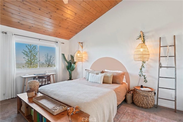 carpeted bedroom with wooden ceiling, vaulted ceiling, and baseboards