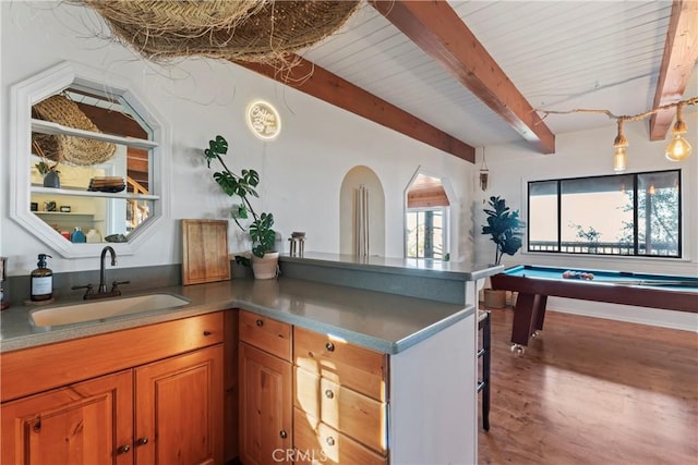 playroom with billiards, a sink, beamed ceiling, and wood finished floors