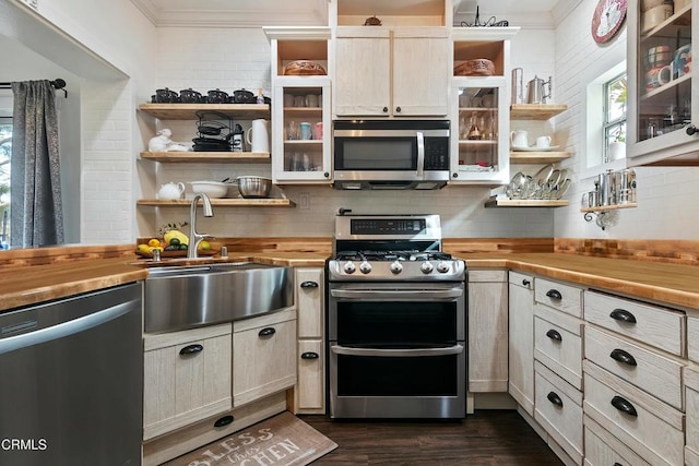 kitchen with appliances with stainless steel finishes, butcher block countertops, a sink, and open shelves