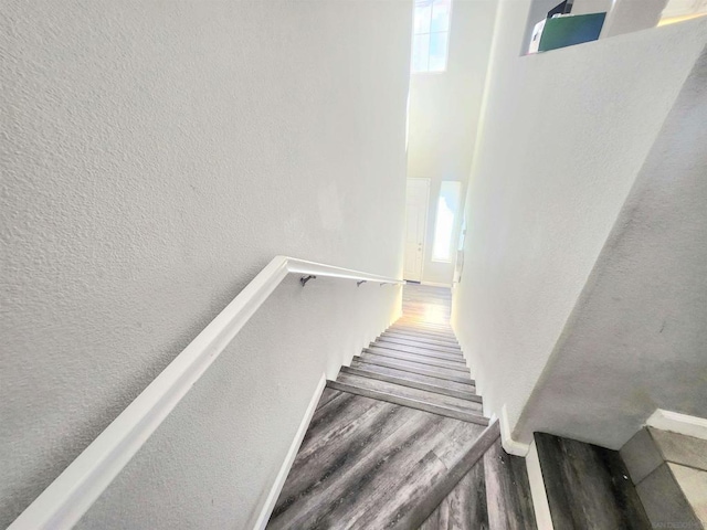 staircase featuring a towering ceiling and hardwood / wood-style floors