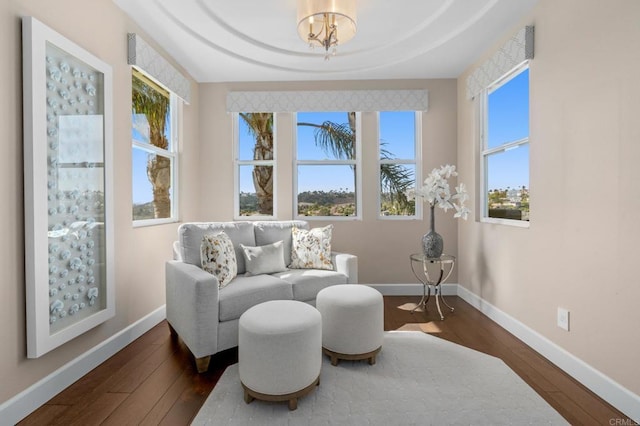 living area with dark wood-style floors, baseboards, and a tray ceiling