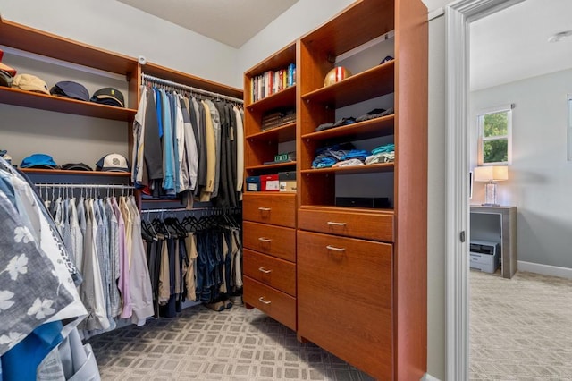 walk in closet with light colored carpet