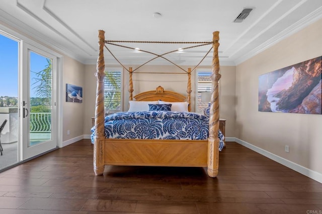 bedroom with access to outside, visible vents, hardwood / wood-style floors, and ornamental molding