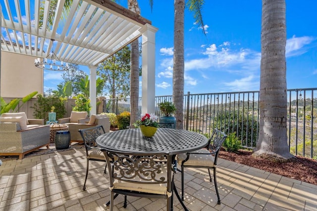 view of patio / terrace featuring a fenced backyard, a pergola, an outdoor living space, and outdoor dining space
