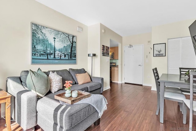 living room featuring dark wood-type flooring